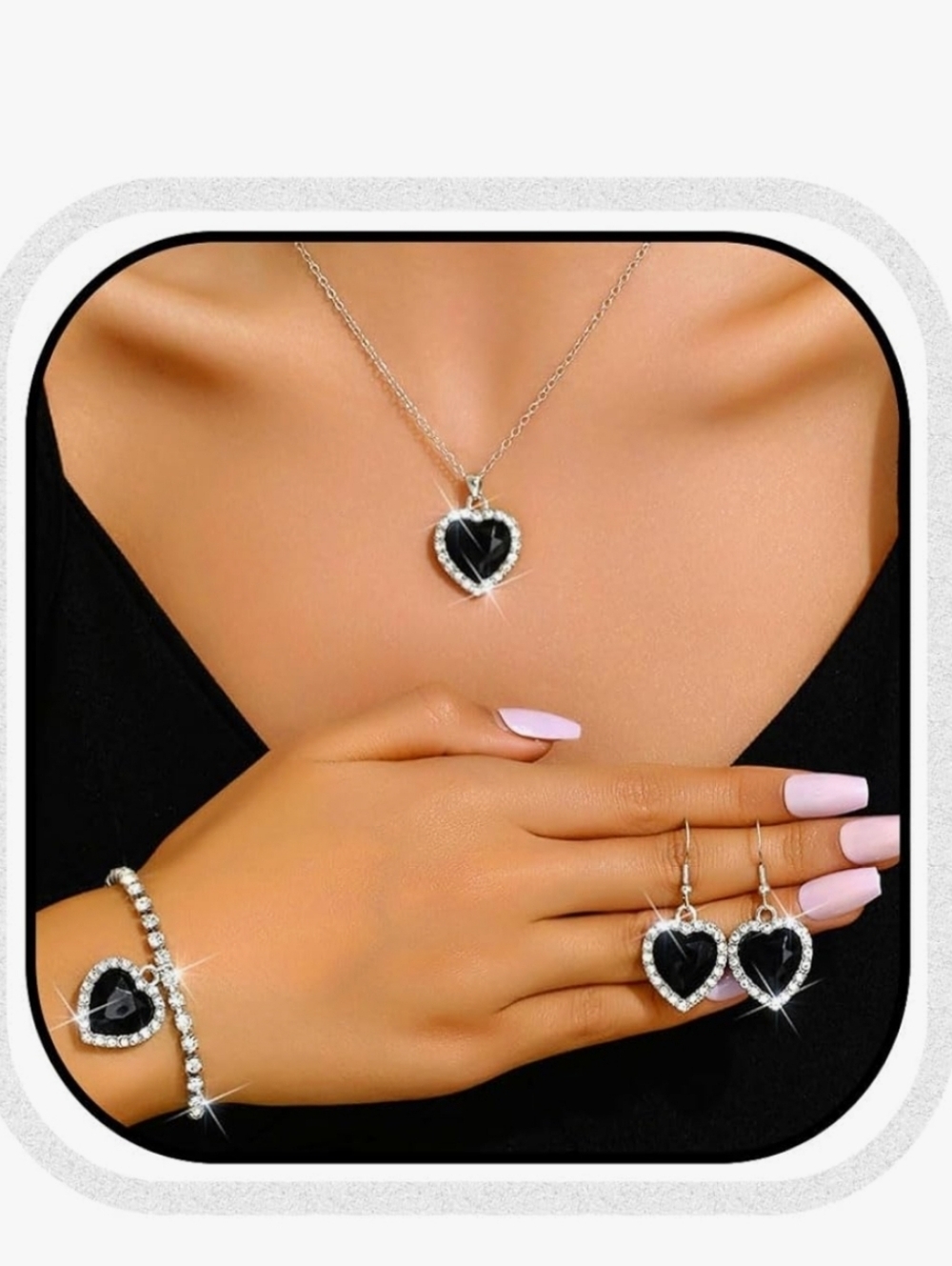 Heart Pendant Jewelry Set with Black Stone and Silver Tone